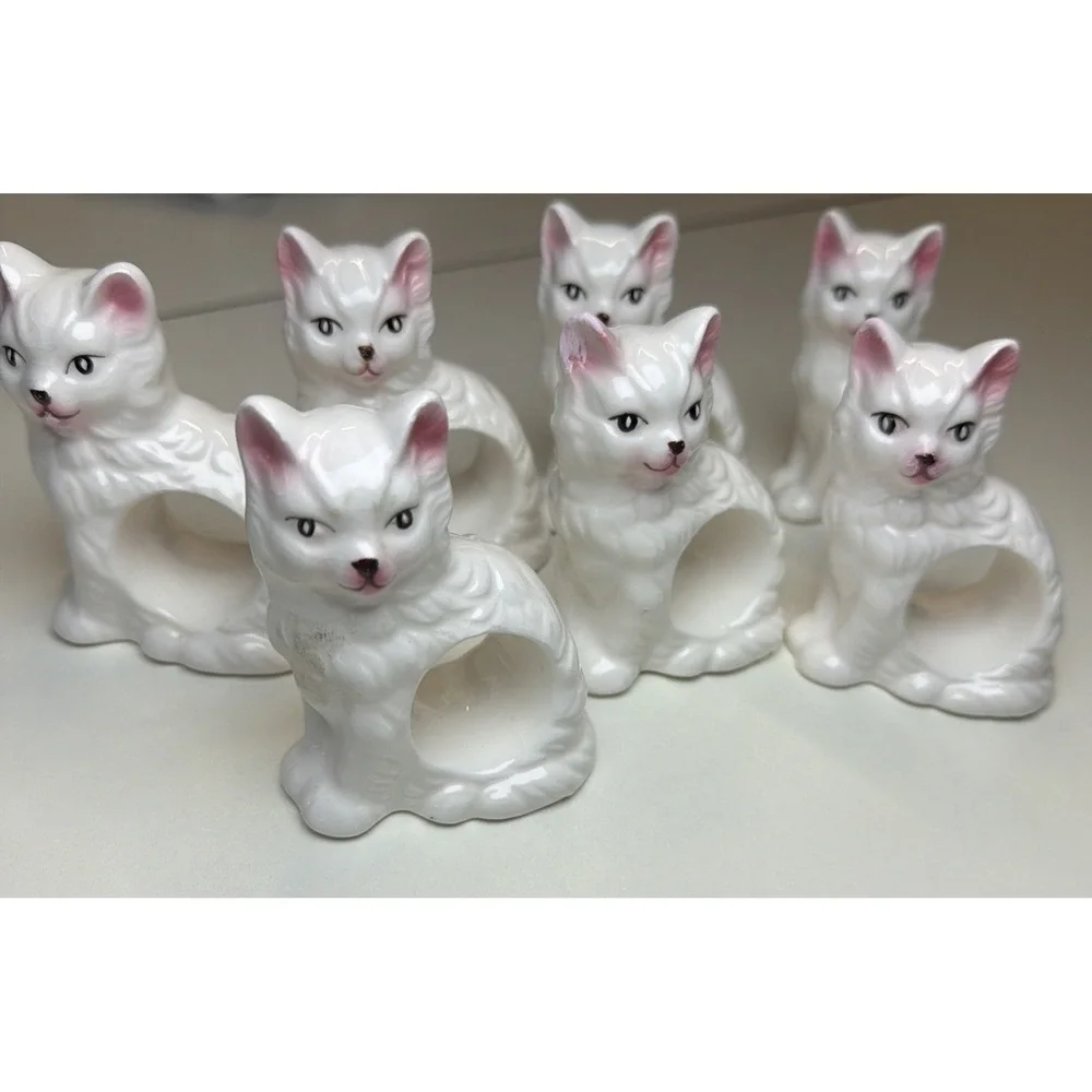 Abbott Kitten/Cat/Kitty Napkin Rings Set Of 7 Vintage 80's Porcelain,‎ Ceramic